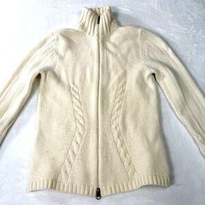 Eddie Bauer Cardigan Sweater 100% Lambswool Womens Medium Tall Ivory Cable Knit
